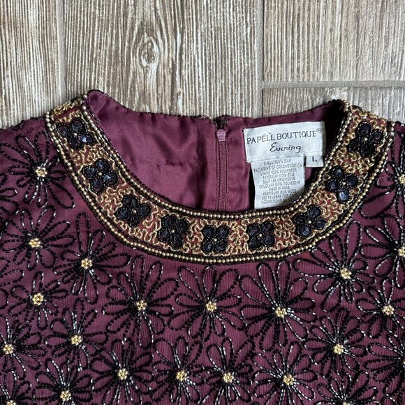 2/$18 SALE! ADRIANNA‎ PAPELL Evening Top Womens L Beaded Burgundy Floral Silk - Picture 7 of 10